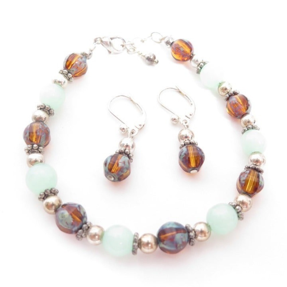 Artisan Amber colored & green glass gemstones bracelet lever back drop earrings